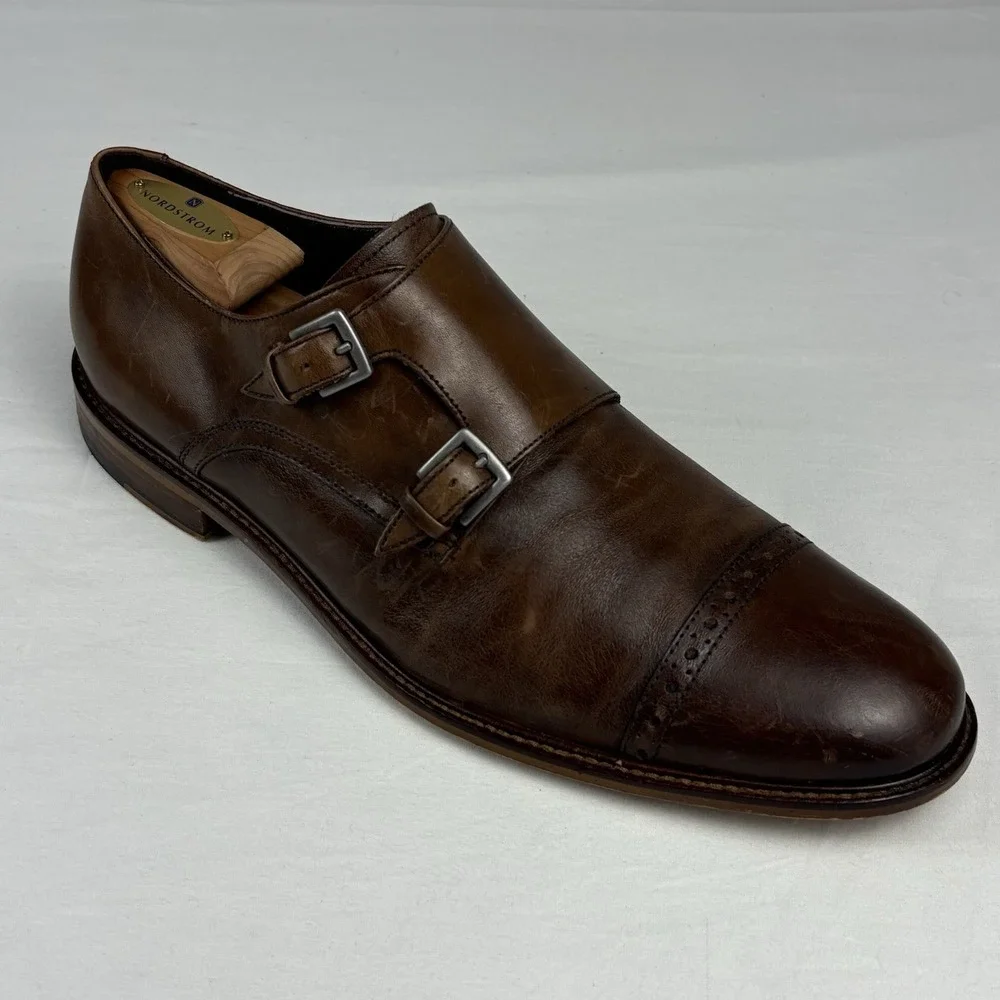 Joseph Abboud Glenn Double Monk Strap 11.5M Brown Leather Brogue Cap Toe Oxfords